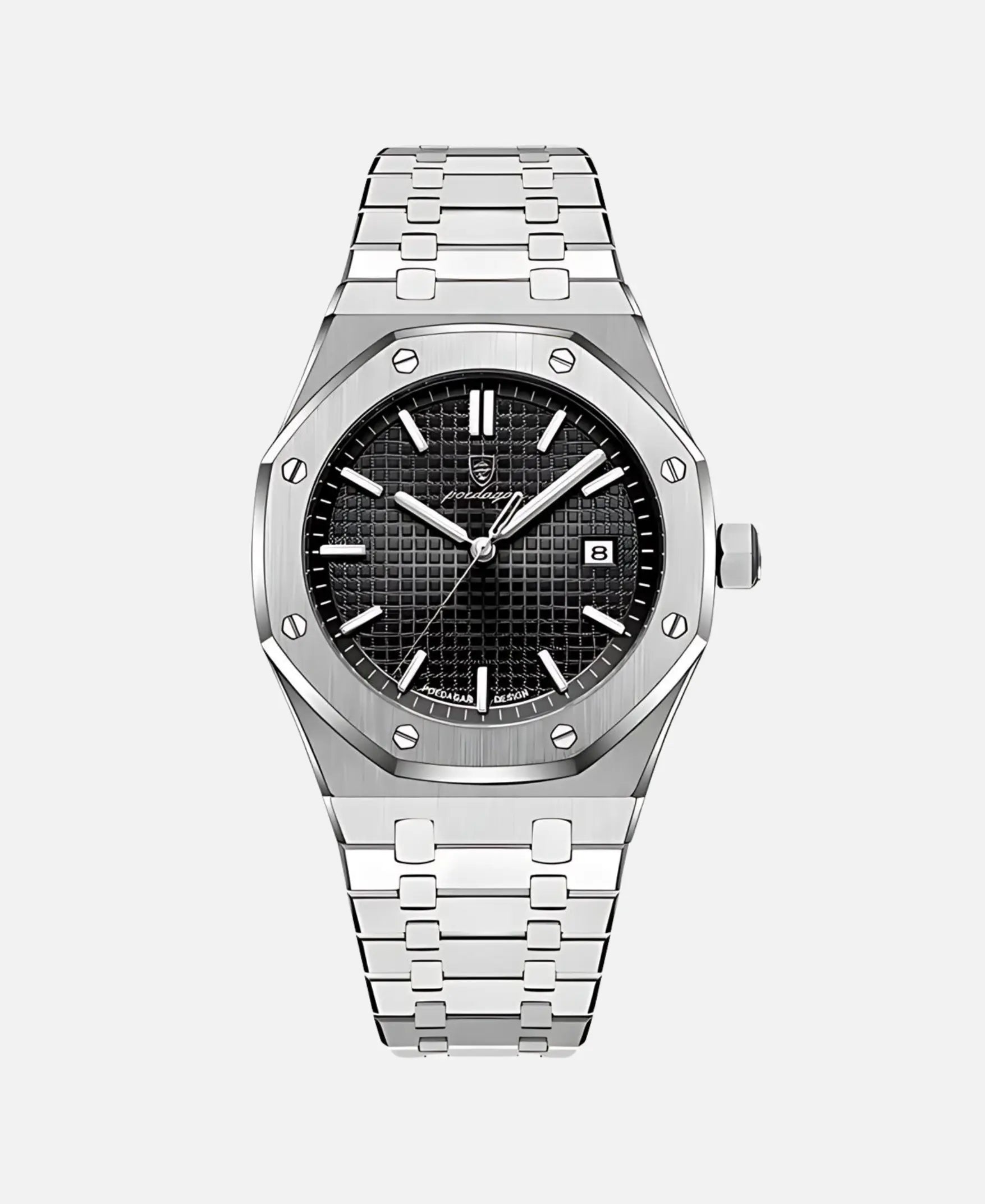 A close-up view of a silver-toned watch featuring a black textured dial, a date display at the 3 o'clock position, and a matching silver metal strap. The watch has an octagonal bezel with visible screws.