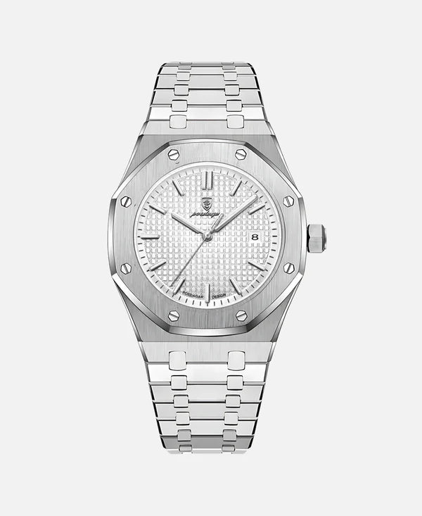 A close-up view of a silver-toned watch featuring a white textured dial, a date display at the 3 o'clock position, and a matching silver metal strap. The watch has an octagonal bezel with visible screws.