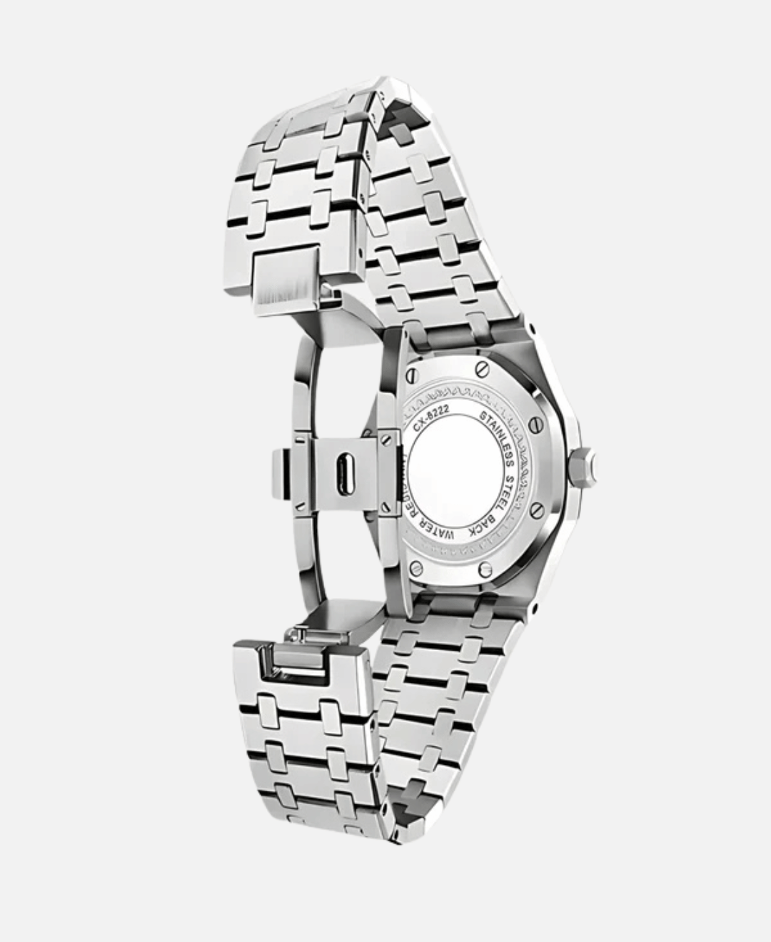 Back view of a silver-tone watch with its metal link bracelet unfolded, showcasing the detailed engraved case back with "STAINLESS STEEL BACK" and "WATER RESISTANT" text.