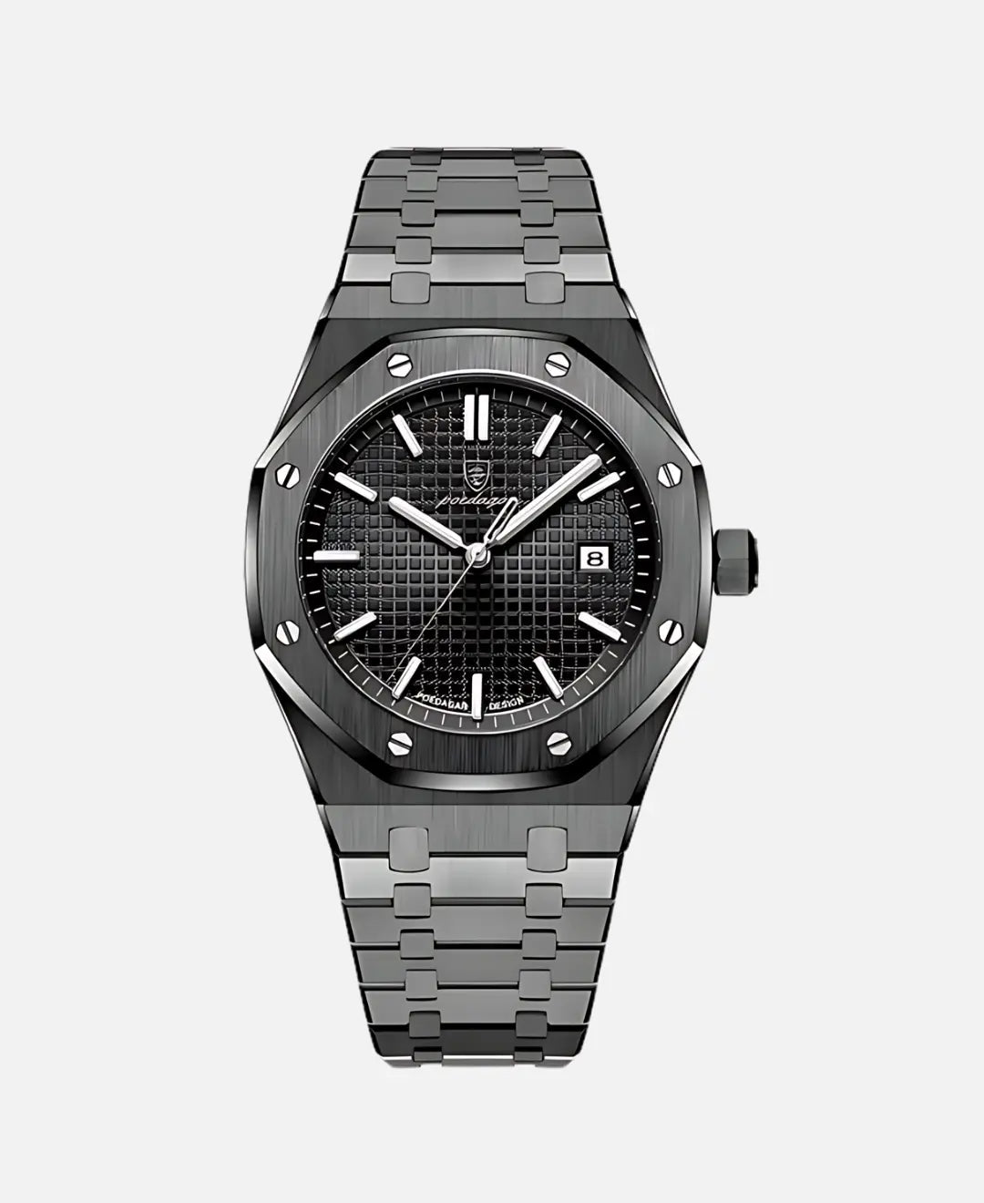 Kings Oak Wooden Jewelry Box Mahogany Finish Brass Hinges. Image shows a dark grey metallic watch with a black textured dial, octagonal bezel, and matching link bracelet.