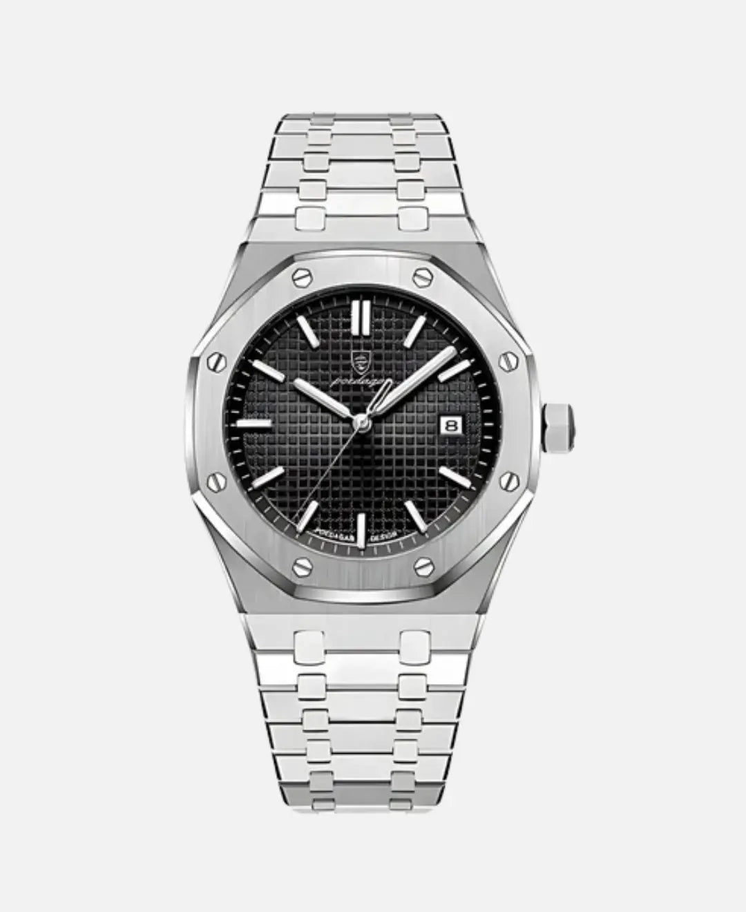 Kings Oak Wooden Jewelry Box Mahogany Finish Brass Hinges. Image shows a silver metallic watch with a black textured dial, octagonal bezel, and matching link bracelet.
