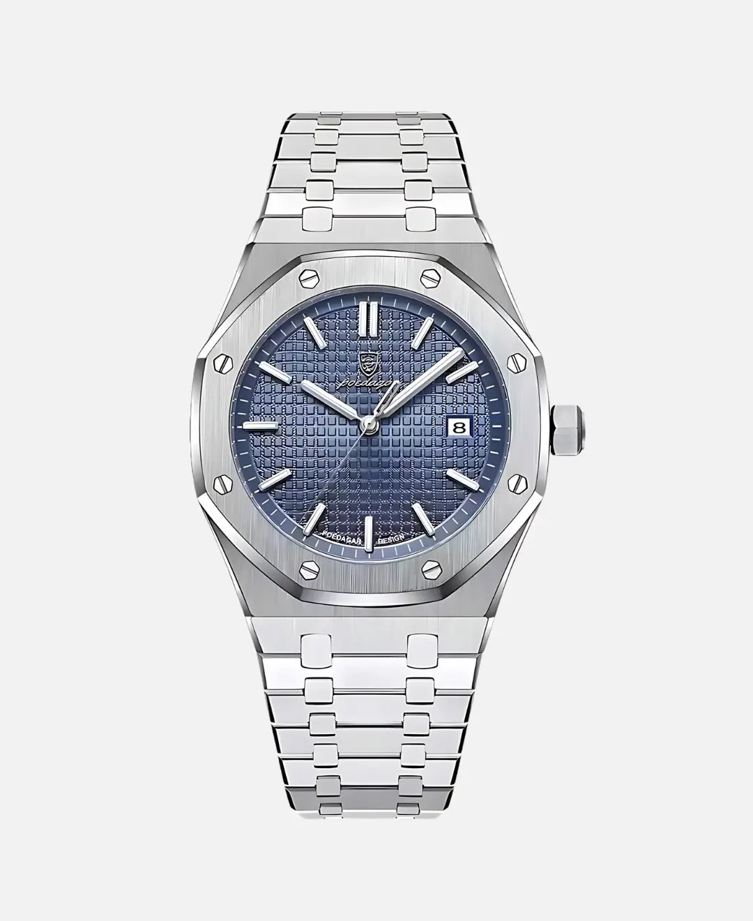 Kings Oak Wooden Jewelry Box Mahogany Finish Brass Hinges, silver watch blue textured dial metal bracelet.