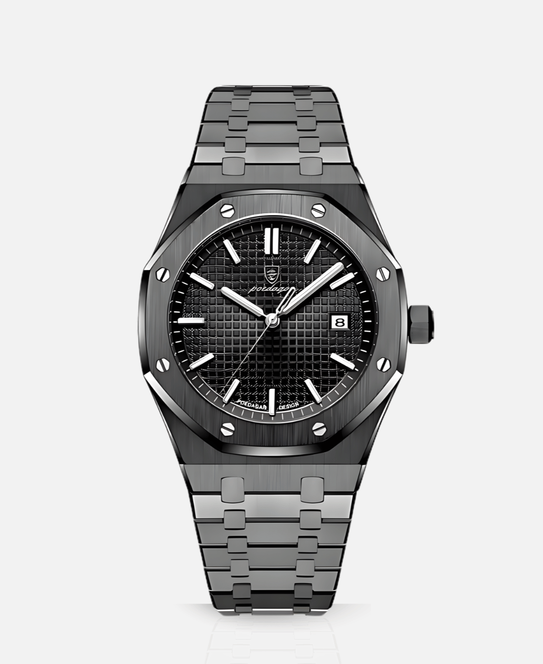 Kings Oak Oak Wood Furniture Handcrafted Finish dark grey and black watch with a black textured dial and matching metal bracelet, highlighting its sleek and modern design.