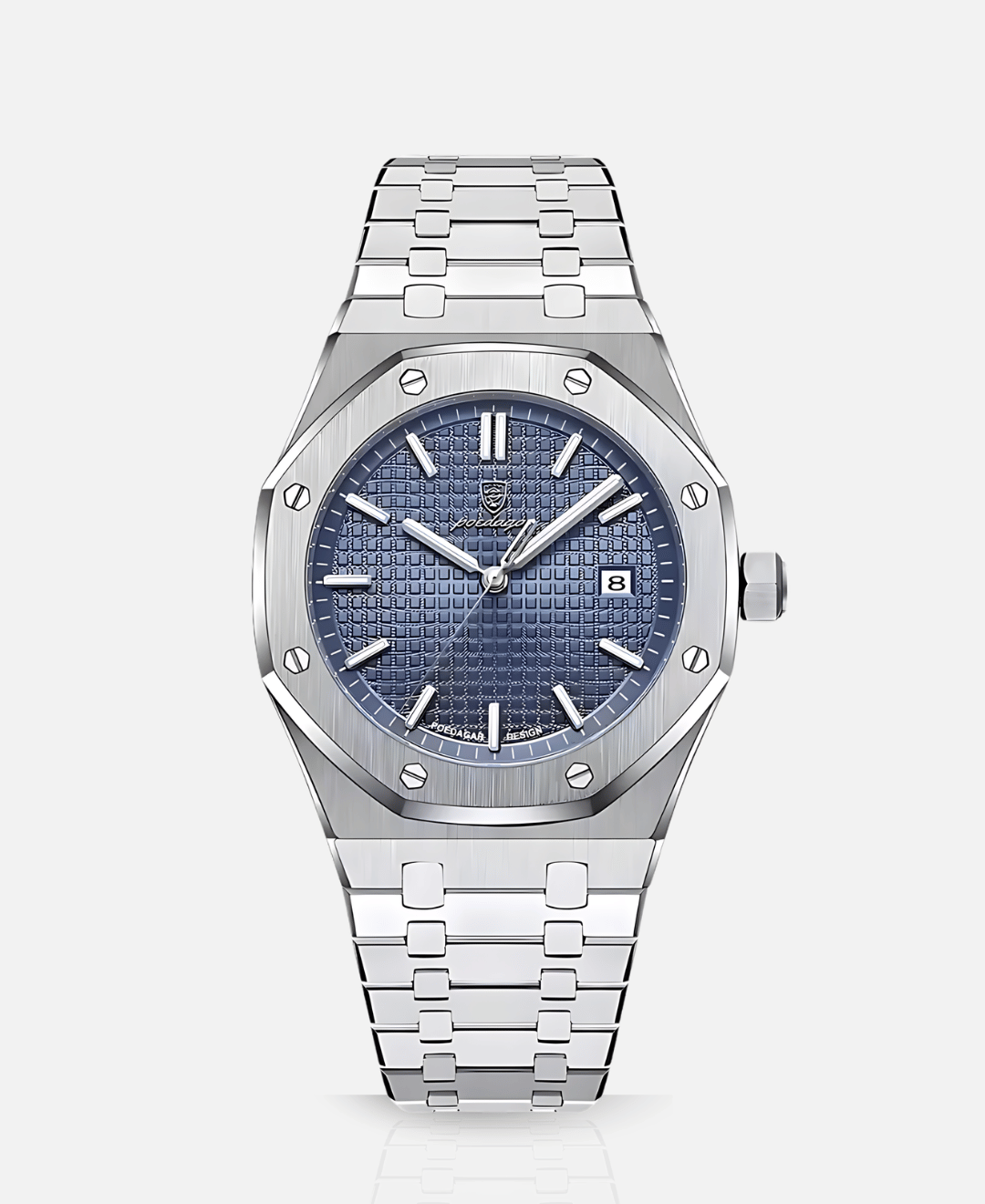 Kings Oak Oak Wood Furniture Handcrafted Finish silver watch with a blue textured dial and metal bracelet, emphasizing its elegant appearance and craftsmanship.