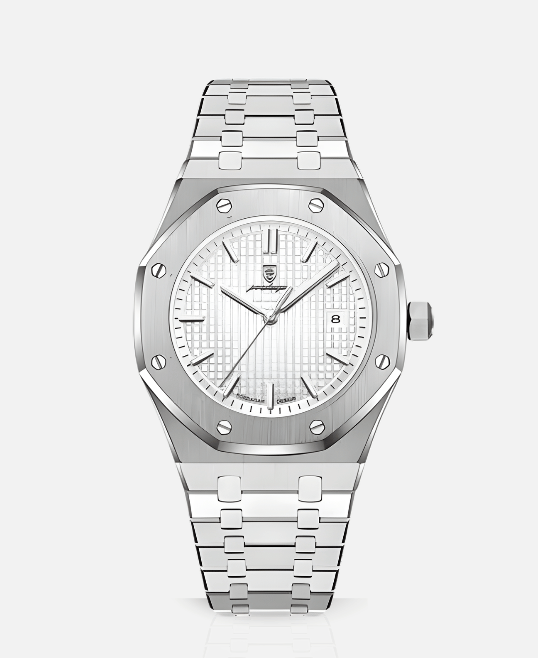 Kings Oak Oak Wood Furniture Handcrafted Finish silver watch with a white textured dial and metal bracelet, showcasing the intricate design and craftsmanship.
