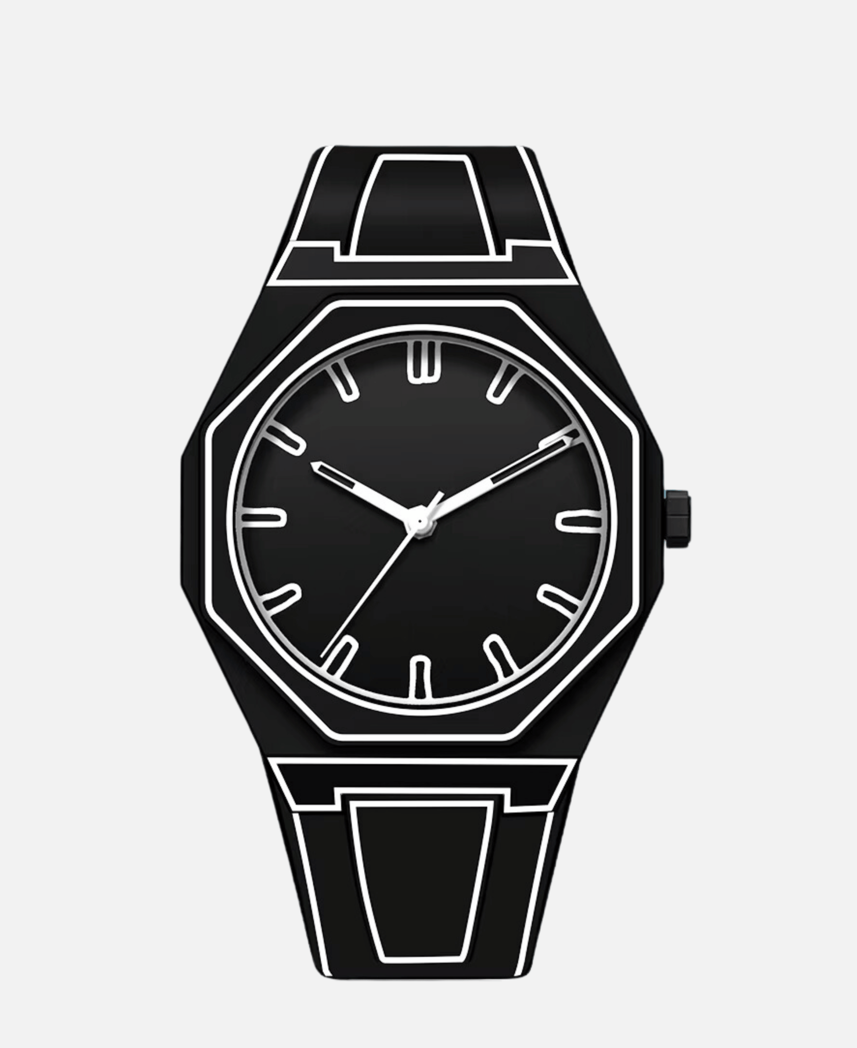 Linecraft Office Supplies Premium Paper with Smooth Finish, showing a black watch with a white outline, octagonal case, black dial, and white hour markers and hands on a light grey background.