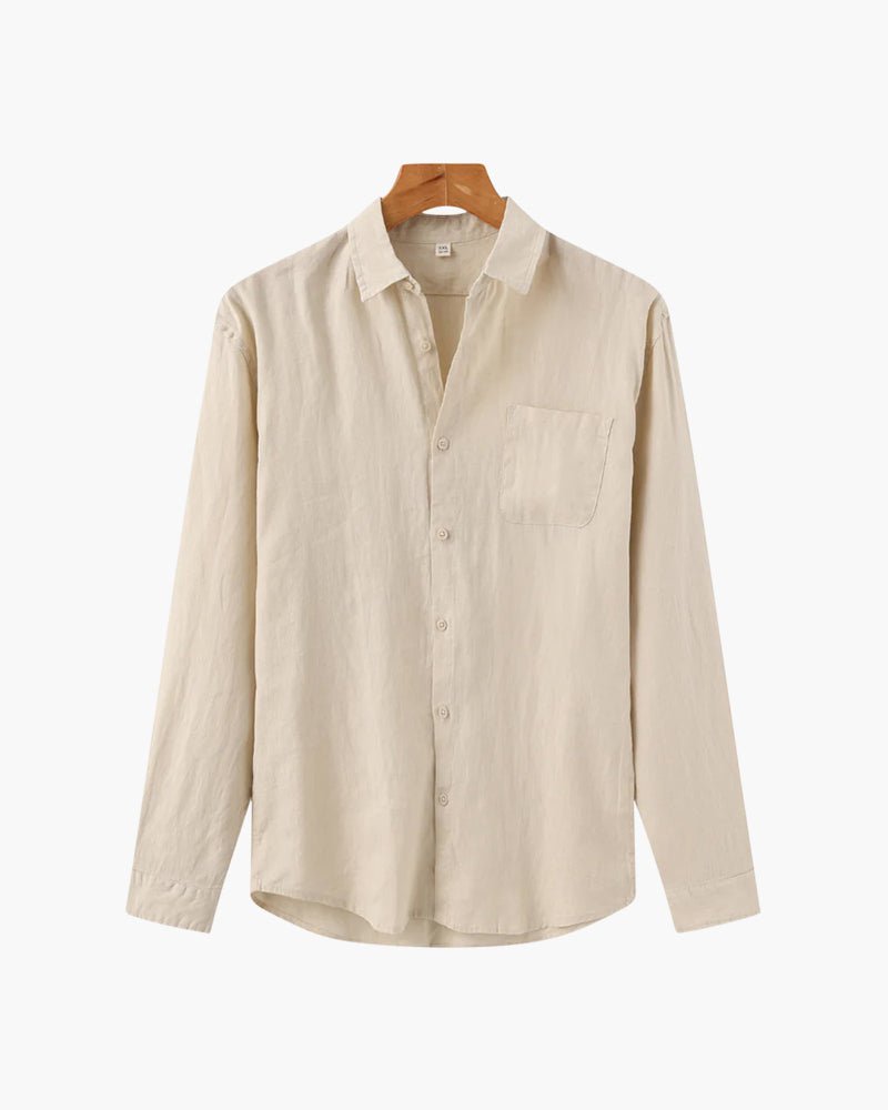 Men's classic fit 100% linen shirt in a solid beige color, displayed on a hanger with the top button undone. Features long sleeves, a collar, and a single chest pocket.