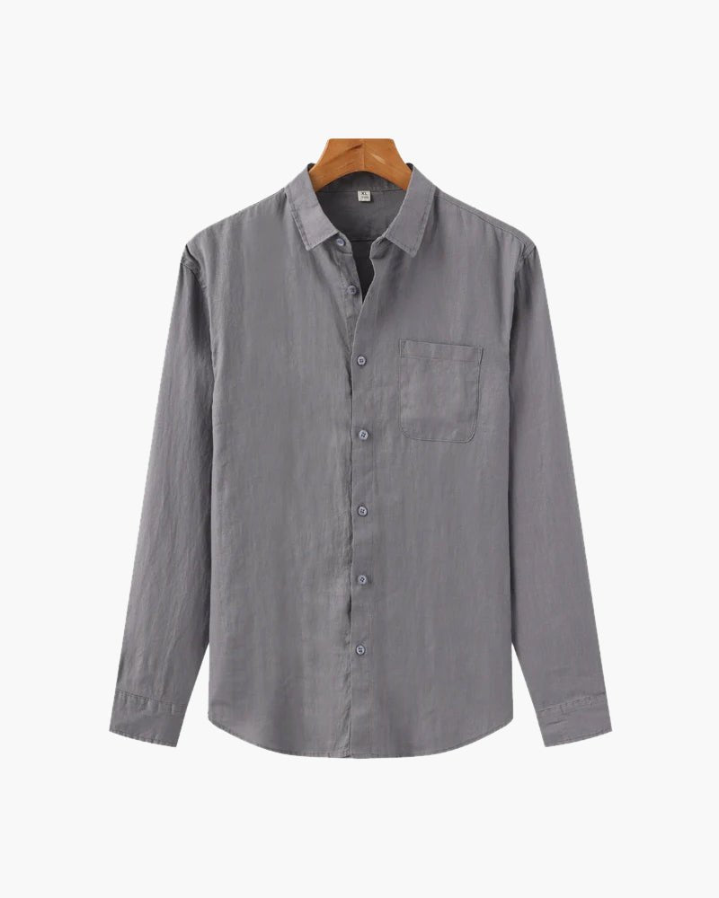Men's Linen Essence classic fit shirt in gray, displayed on a wooden hanger against a white background, showing the front view with buttons and a chest pocket.