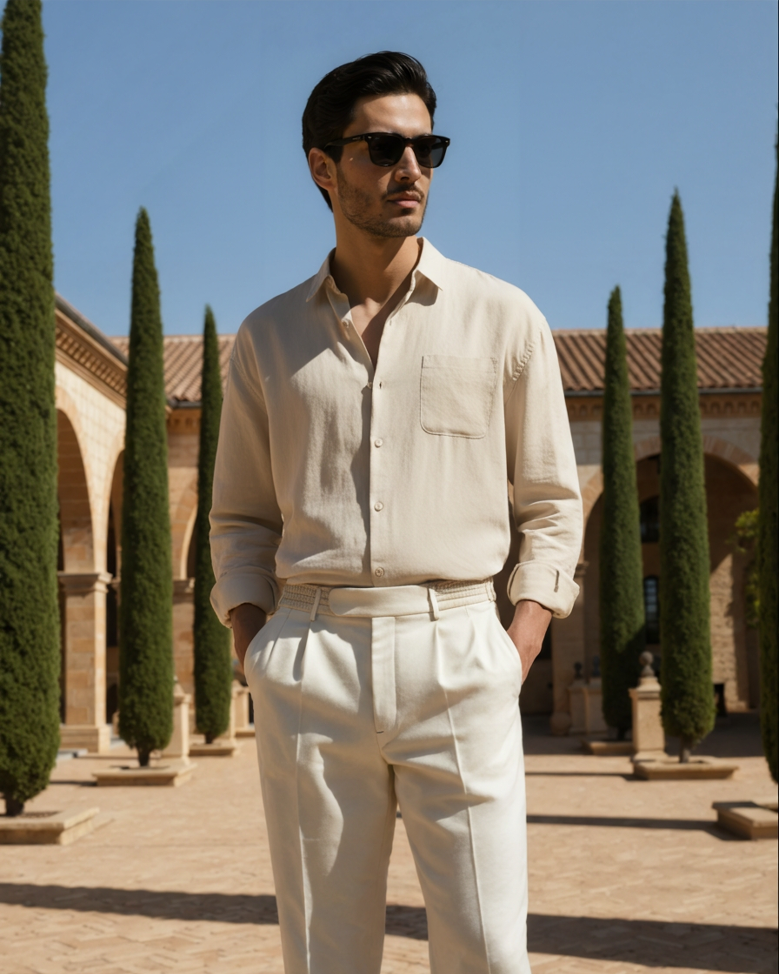 A man wearing a beige Linen Essence men's classic fit linen shirt and white pleated pants, standing in an elegant outdoor courtyard with tall trees and stone buildings. He wears sunglasses, embodying timeless style.
