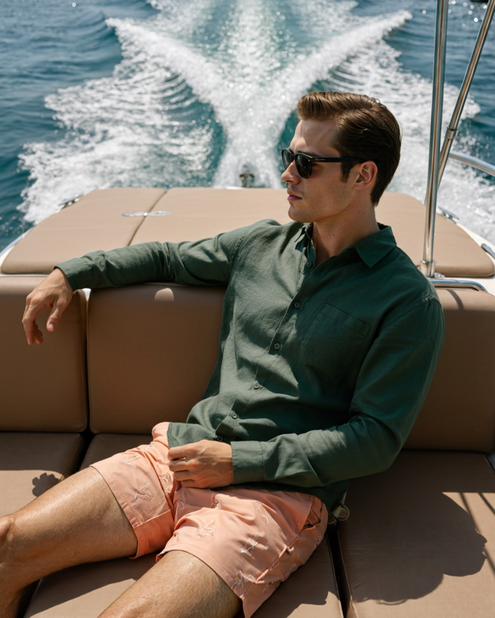 A man wearing a dark green Linen Essence men's shirt and peach shorts, sitting on a boat with the ocean wake visible behind him. He is wearing sunglasses and looking to the side, showcasing the classic fit and breathable fabric of the linen shirt.