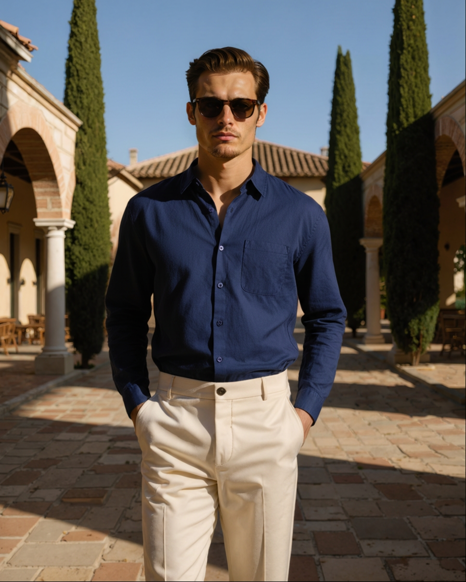 A man wearing a navy blue Linen Essence men's shirt and light beige trousers, standing confidently in an elegant outdoor courtyard with tall cypress trees. He is wearing sunglasses and has his hands in his pockets, showcasing the classic fit of the 100% linen shirt.