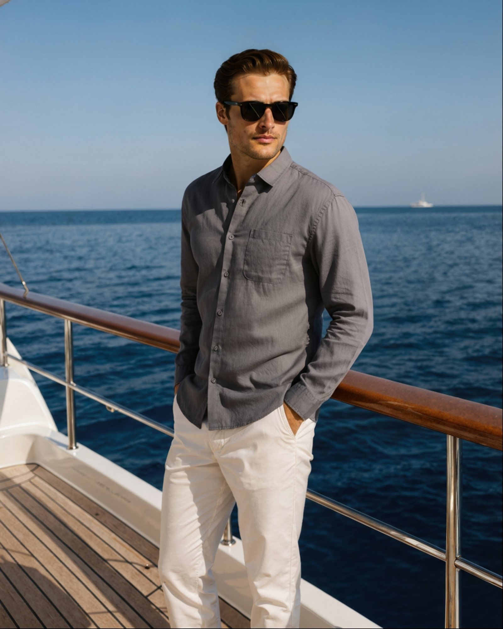 A man wearing a gray Linen Essence classic fit shirt and white linen pants, standing on the deck of a boat with the ocean in the background, wearing sunglasses.