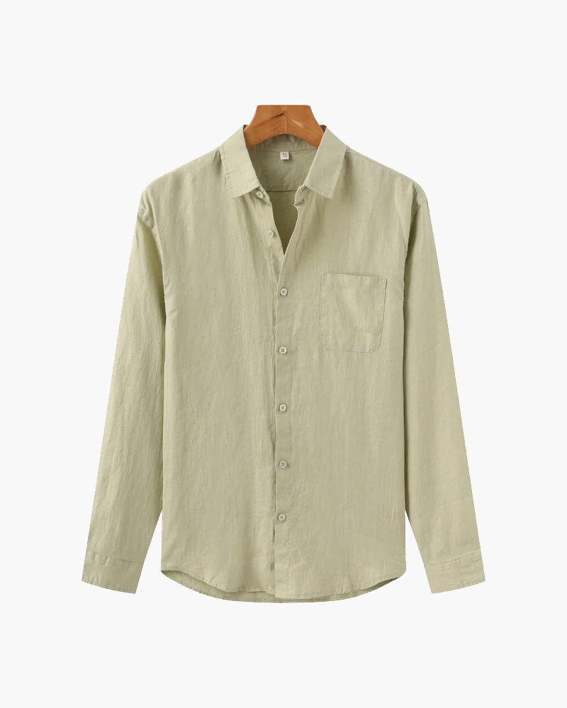 Mint Green Linen Essence men's shirt with a classic fit and traditional collar, made from 100% breathable linen fabric. Features a chest pocket, ideal for summer fashion and casual wear.