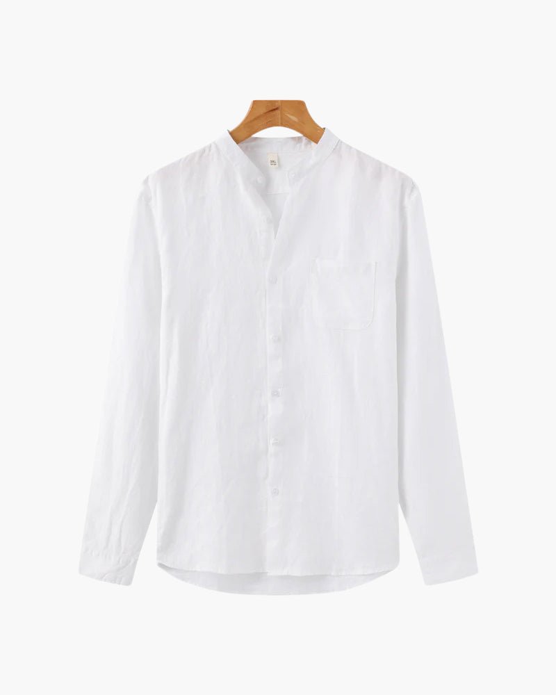 White Linen Essence men's shirt with a classic fit and band collar, made from 100% breathable linen fabric. Perfect for summer fashion and casual wear, offering timeless style and a comfortable fit.