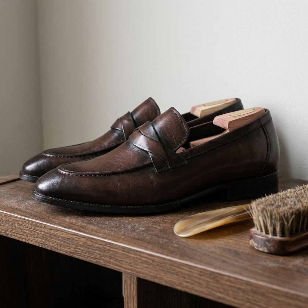 Close-up of worn black leather patchwork loafers on stone stoop showing medium opening and flat heel details