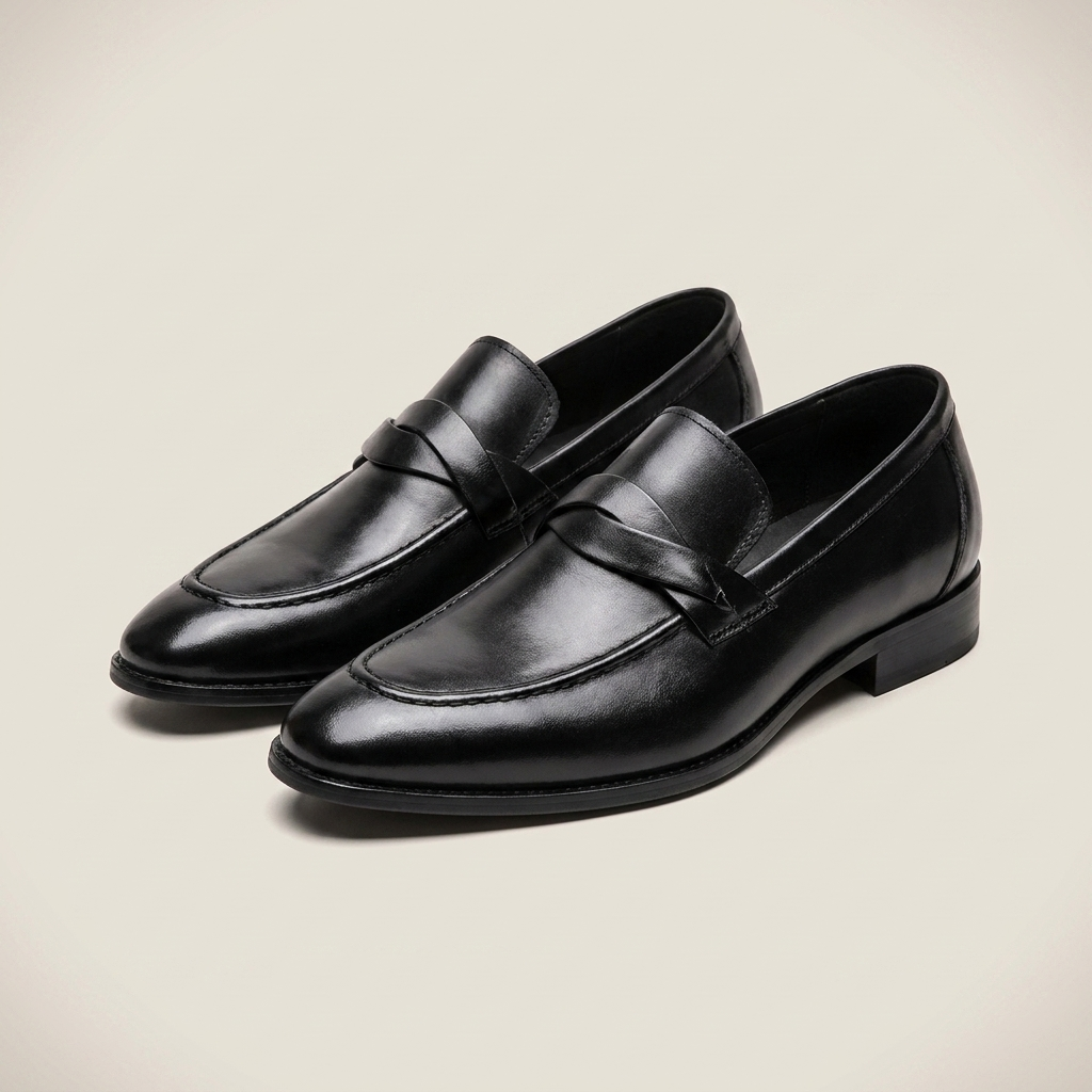 Black leather patchwork casual loafers shown front view with solid black color medium opening and flat heel