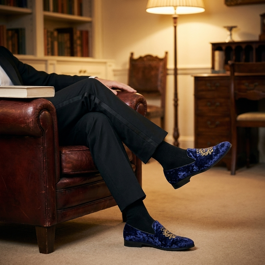 Black leather patchwork loafers top-down with cedar shoe trees showing non-slip sole and flat heel in lifestyle setting