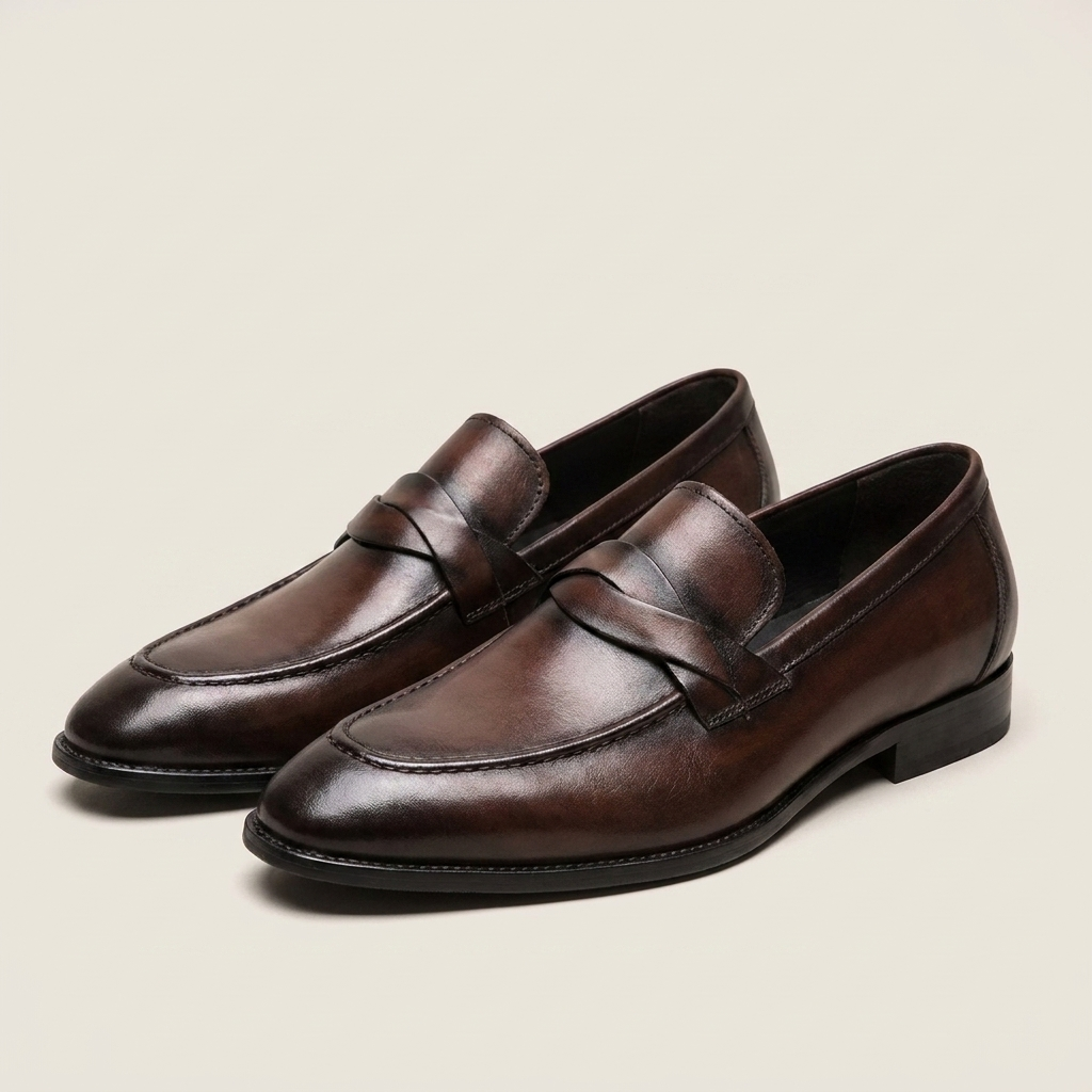 Top-down detail view of solid black leather patchwork loafer showing medium opening and flat heel design