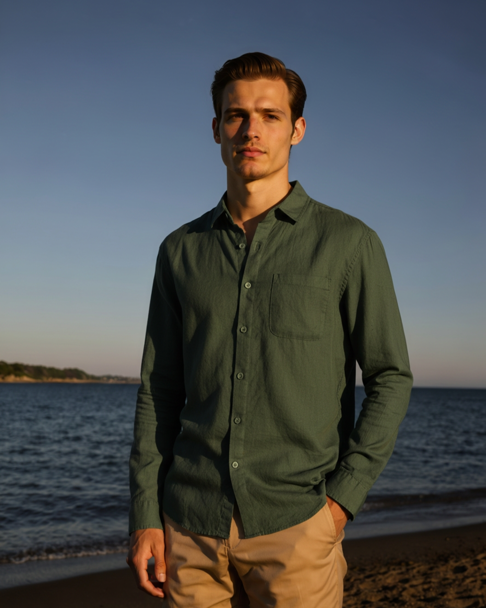 A male model wearing a dark green Linen Essence men's shirt and light brown pants, standing casually on a beach with the ocean and clear sky in the background, showcasing the shirt's classic fit.