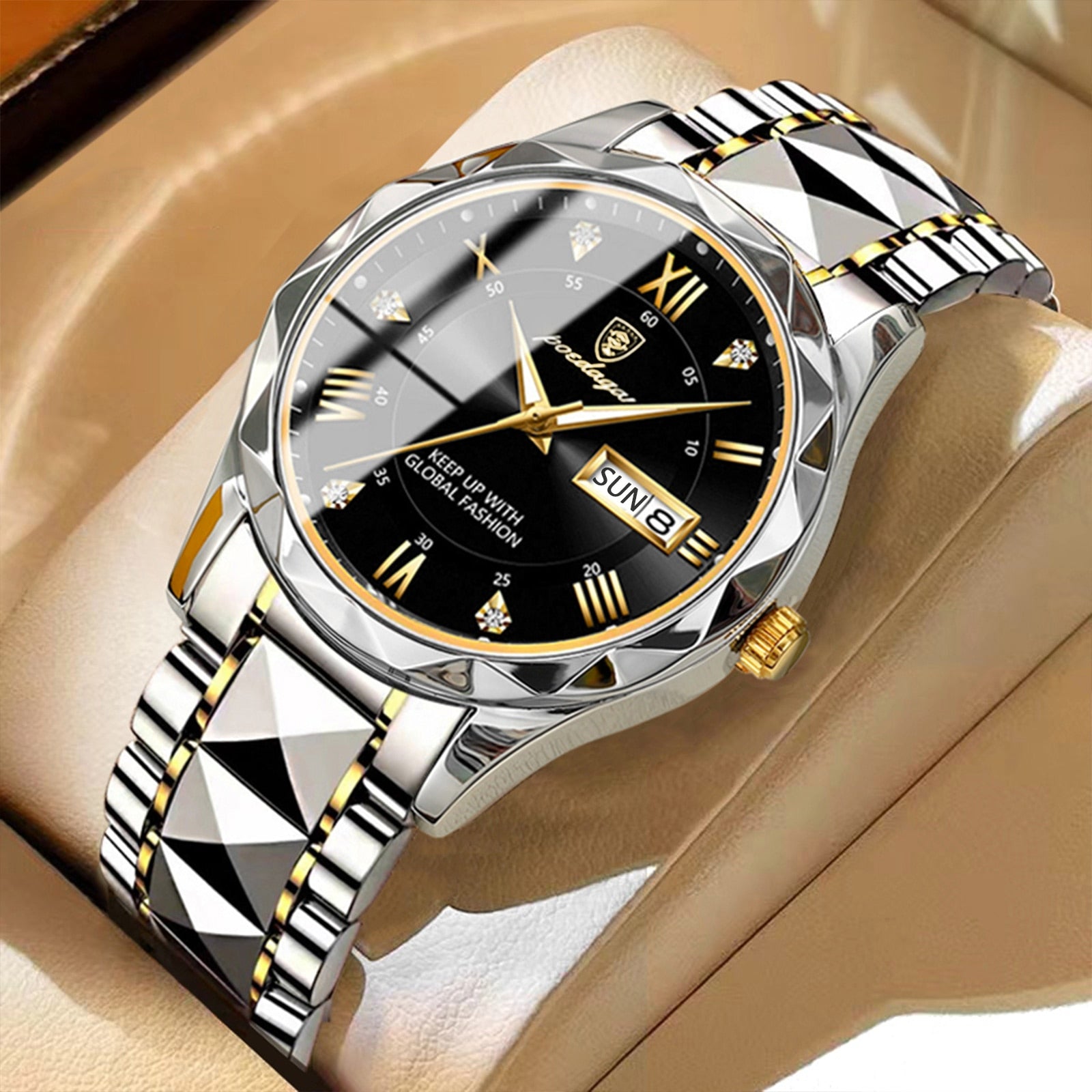 Maverick Luxe men's watch in stainless steel and gold two-tone, featuring a black dial with date display, displayed on a beige watch cushion.