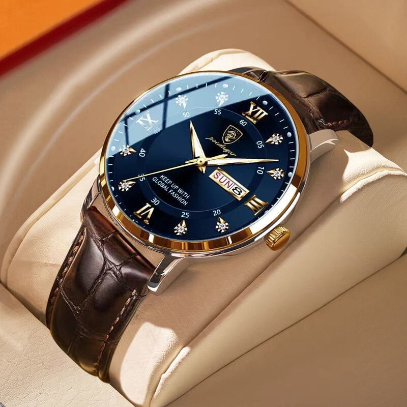 Celestial Luxe Men's Quartz Watch with gold case, blue dial, date display, and brown crocodile-patterned leather band, presented on a beige display stand.