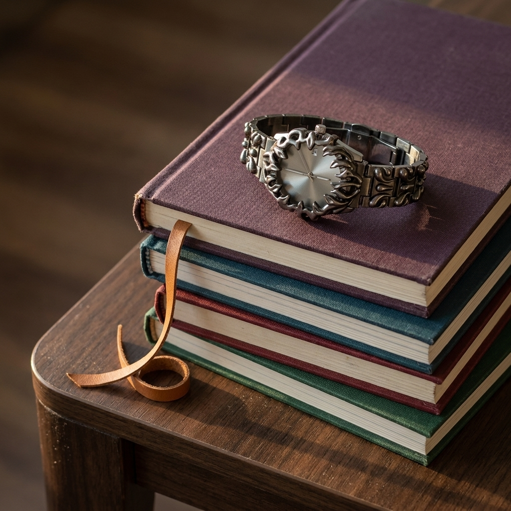 Red dial Metal Round Screw-Down Crown Quartz Analog Men's Watch lifestyle scene stacked on cloth with monographs under soft light