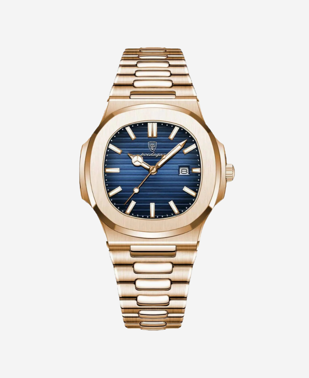 Nautilius smartwatch with a gold-tone stainless steel case and strap, featuring a blue dial with horizontal stripes and a date display, presented on a white background.