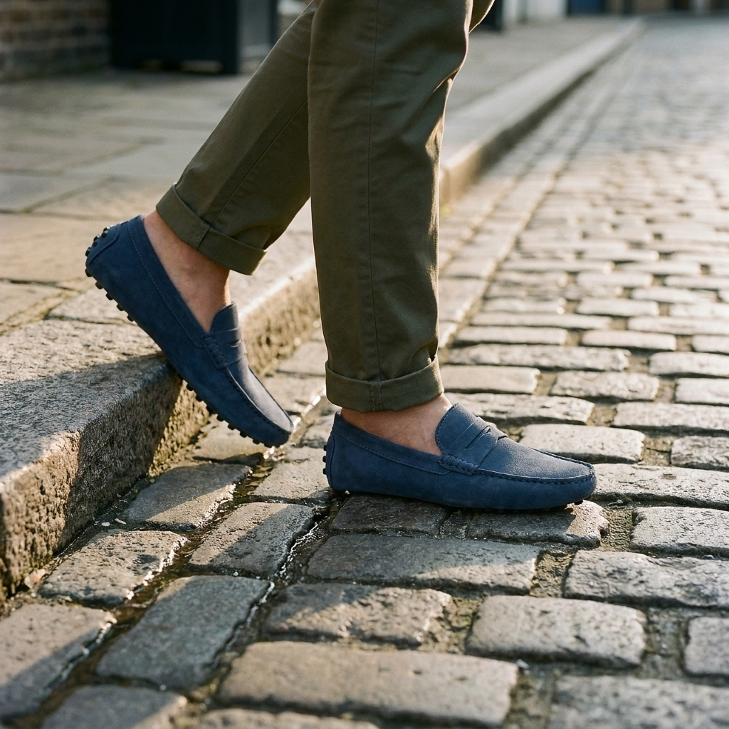Black nubuck leather slip-on loafer side profile on cobblestone with worn texture under daylight showing breathable upper