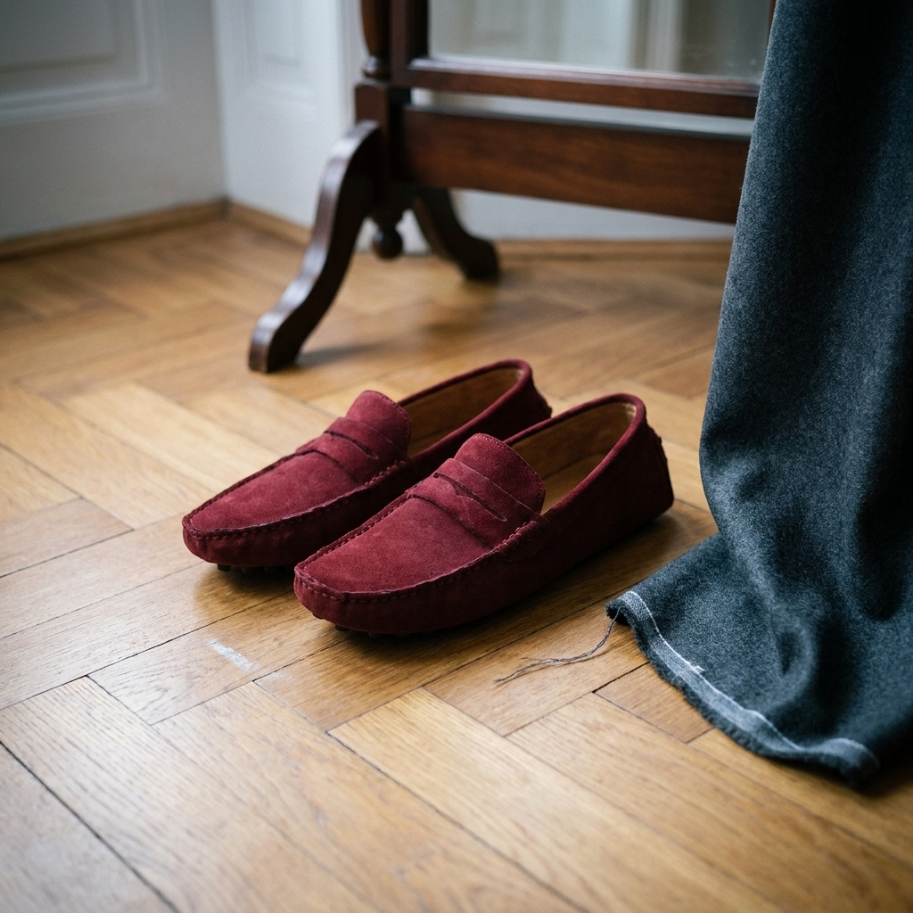 Black nubuck leather breathable slip-on loafer top-down on atelier parquet floor with soft shadows showing round toe shape