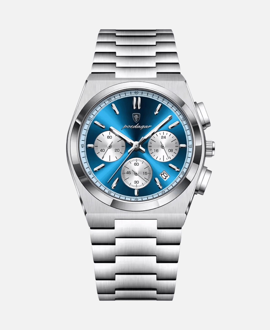 Orionis Chronograph Wristwatch Stainless Steel with Sapphire Crystal silver case blue dial.