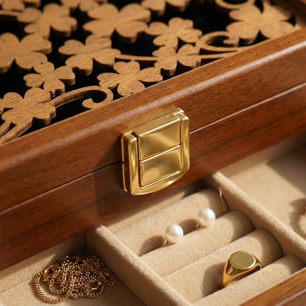 Lifestyle scene of pine rectangular lockable velvet lined jewelry storage box with lock hook style open lid on vanity table