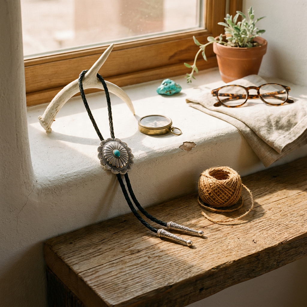 Ambient room lifestyle image of polished metal checkered vintage silver feather pendant western bolo tie on adobe windowsill in morning light