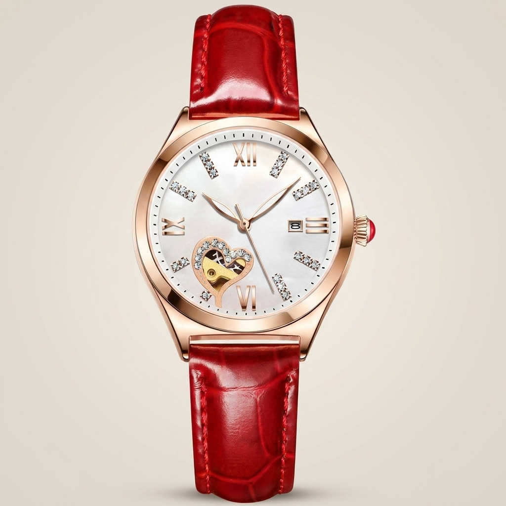 Three-quarter angle of rose gold women’s watch with wine red leather strap showing heart-shaped hollow dial