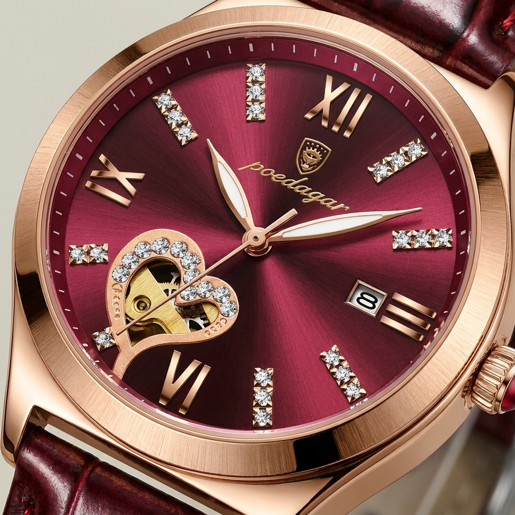 Three-quarter angle of rose gold watch with wine red leather strap beside gilt hand mirror in lifestyle environment