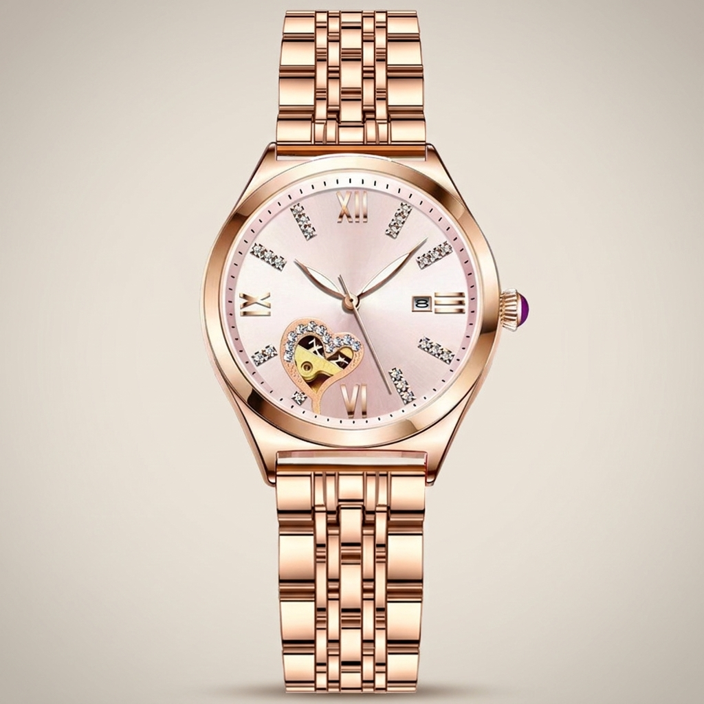 Three-quarter lit view of rose gold women’s watch glowing warmly with heart-shaped dial and wine red leather strap