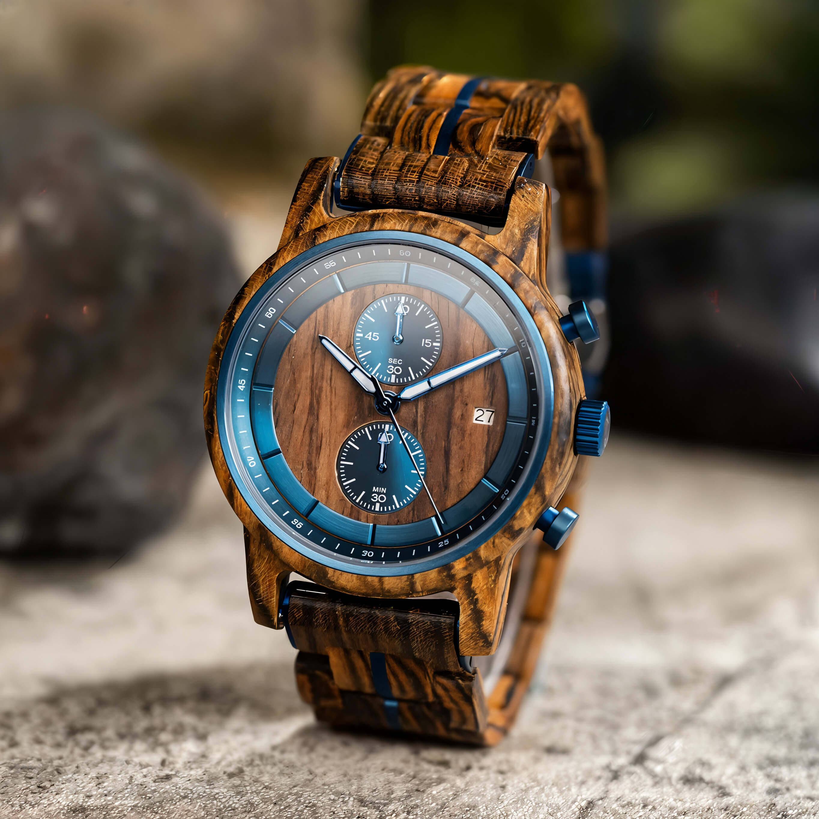 Close-up view of the Serpentis men's watch, featuring a unique wooden case and strap with striking blue accents and a blue chronograph dial, resting on a textured surface.