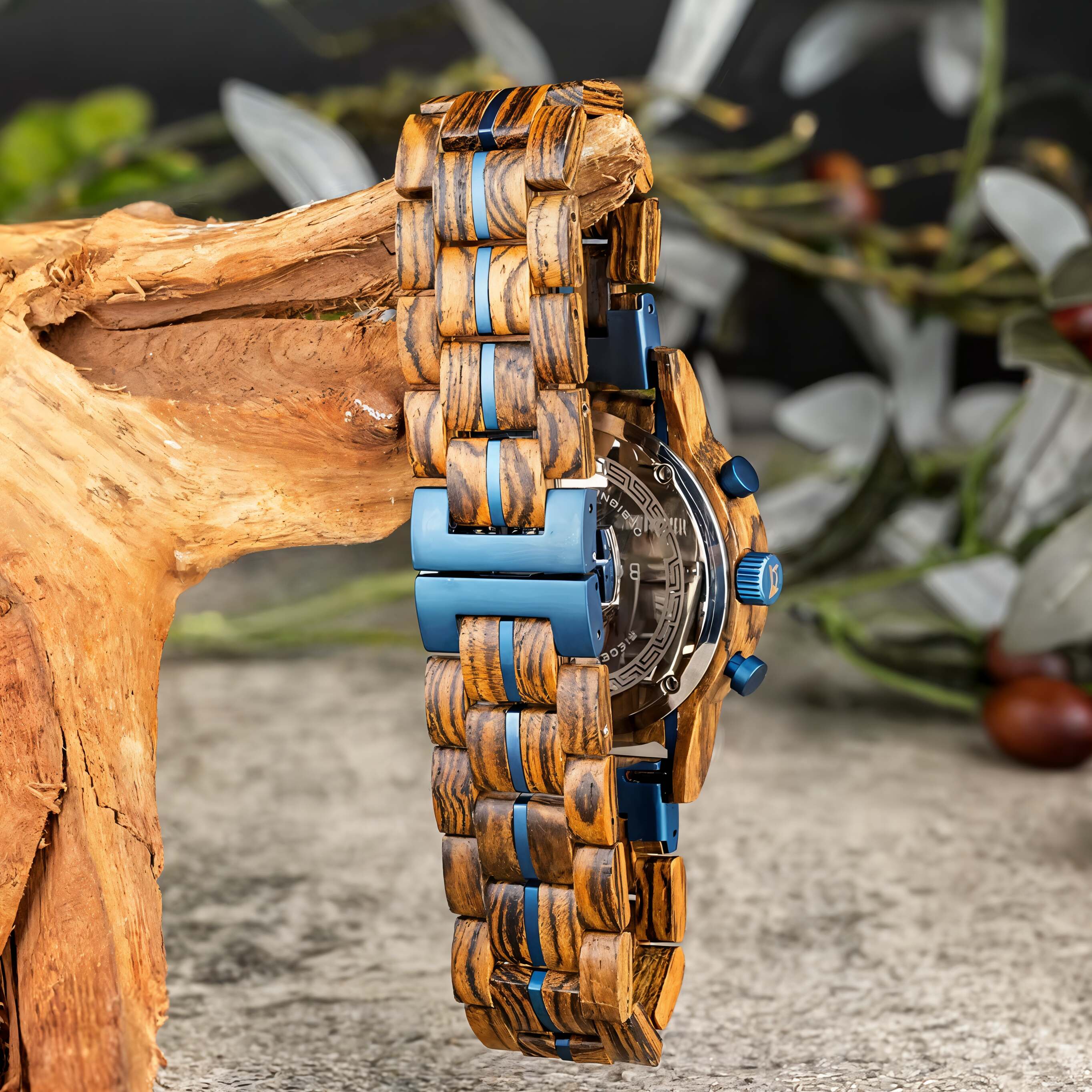 Side view of the Serpentis men's watch, highlighting the wooden strap links, blue metal accents, and the engraved back of the watch case.