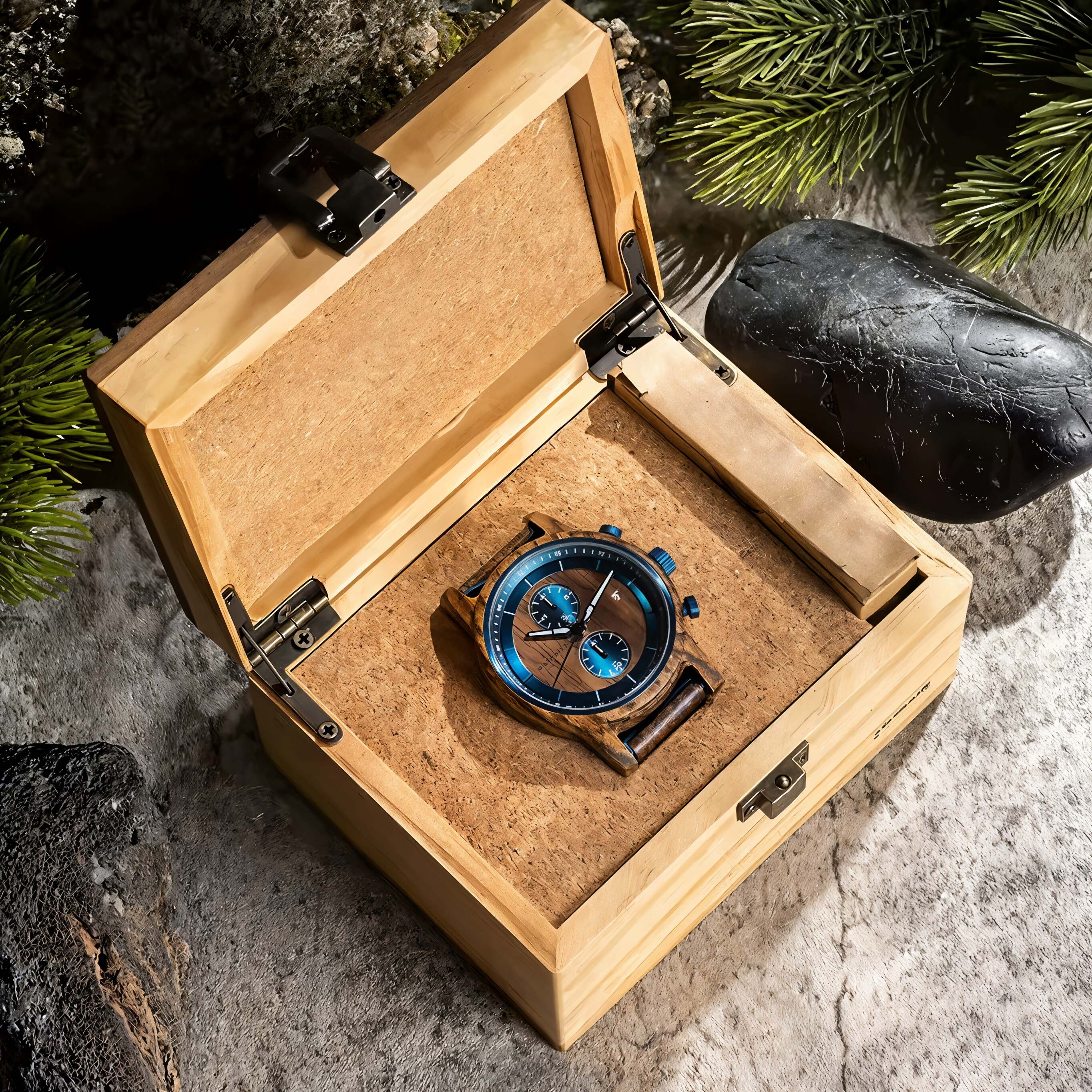 The Serpentis men's watch displayed in an open light wooden gift box, surrounded by natural elements like pine needles and rocks, suggesting a perfect gift.