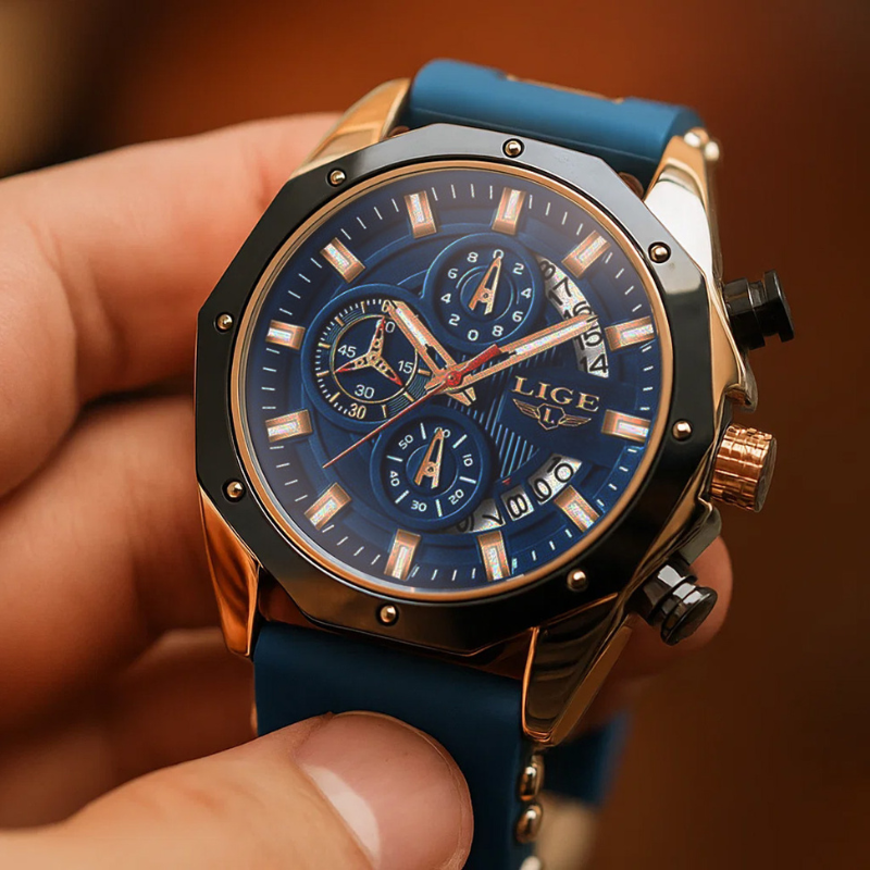 A man's hand holding the Skyline Aviator men's quartz watch with analog display and luminous hands, showcasing its blue dial, gold-tone case, and blue silicone strap.