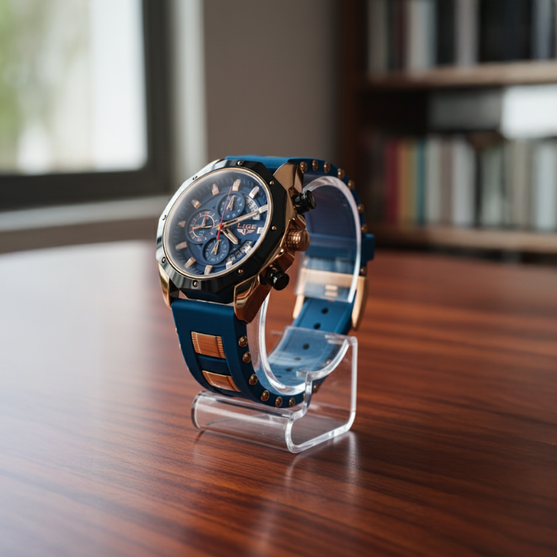 Skyline Aviator men's quartz watch with blue dial, gold case, and blue silicone strap, displayed on a clear stand on a wooden table with a bookshelf in the background.