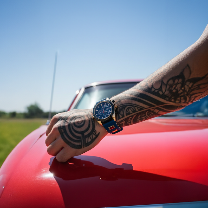 A man's tattooed arm, wearing the Skyline Aviator men's watch with a blue dial and gold case, resting on the shiny red hood of a vintage car under a clear blue sky.