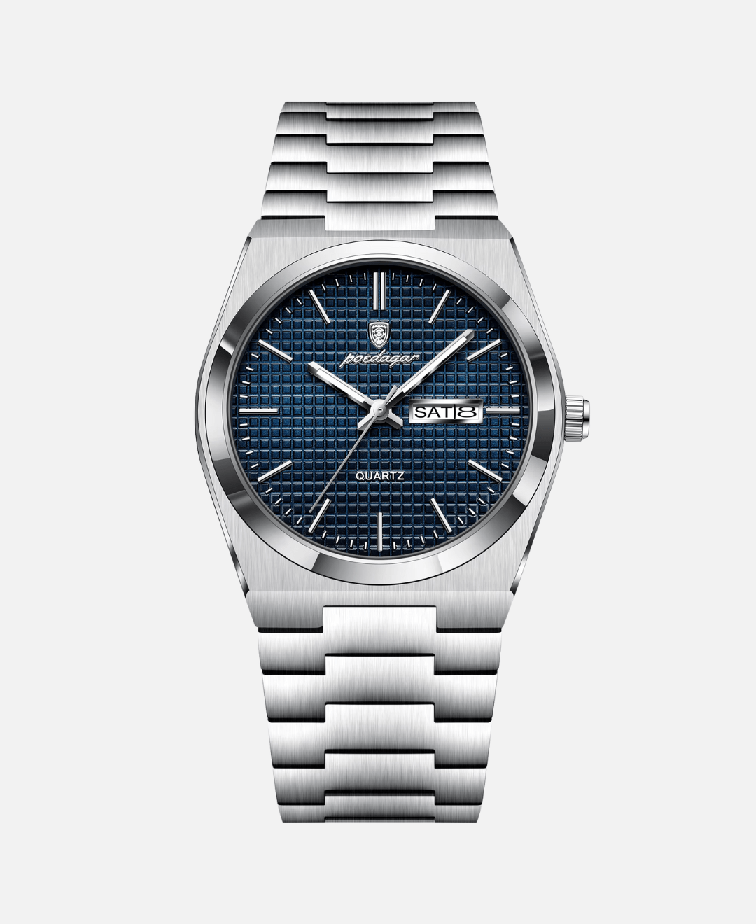 Skyline Sky Pendant Necklace Sterling Silver with Polished Finish, close-up of a silver watch with a dark blue textured dial, silver metal strap, and date display.