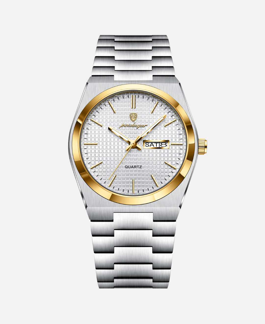 A close-up view of a silver-tone watch with a gold bezel and metal link strap. It features a textured square-patterned dial, a date window showing 'SAT 8', a brand logo, and 'QUARTZ' text.