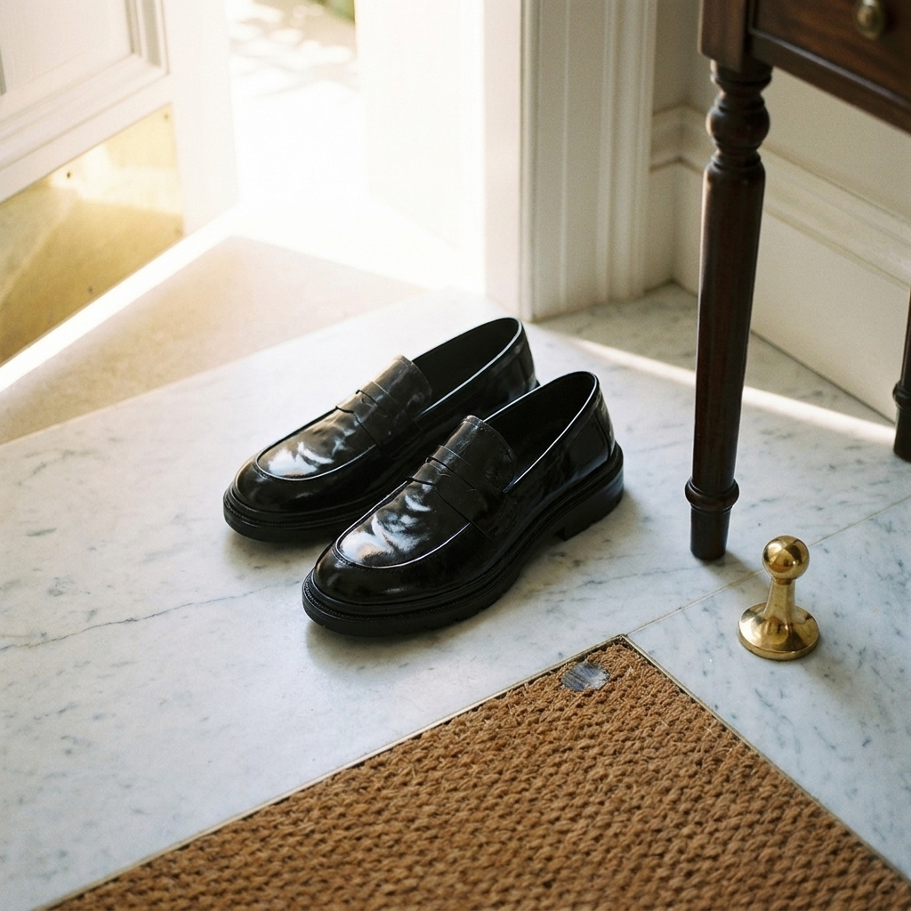 Brown second-layer leather slip-on loafers styled on marble entryway floor showing low heel and round toe