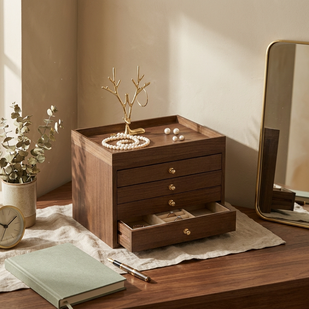 Front view of solid walnut striped four-drawer jewelry box on study desk with brass knobs and classical style