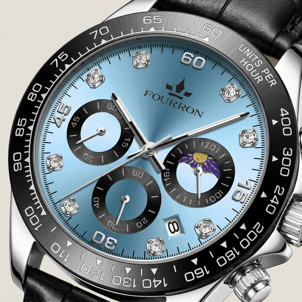 Black steel band stainless steel rectangular quartz calendar analog men’s watch front detail close-up showing rectangular dial and diamond hour markers