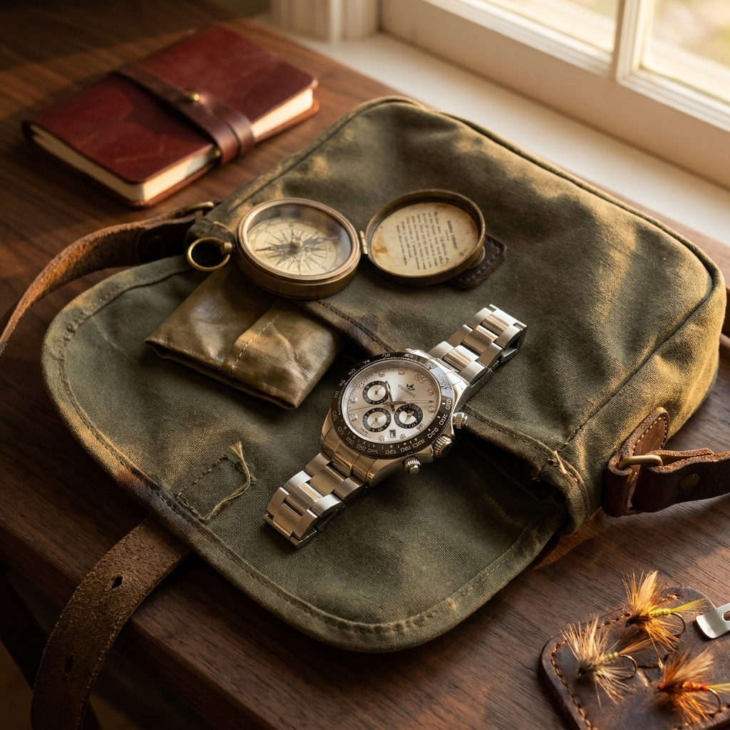 Teal steel band stainless steel rectangular quartz calendar analog men’s watch lifestyle scene in fly fishing field showing analog hands and calendar