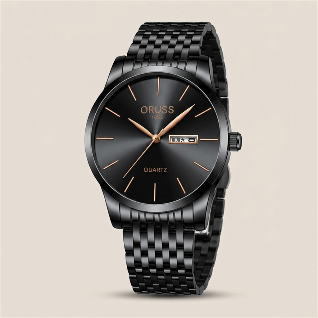 Black dial stainless steel bracelet men's wrist watch shown side profile emphasizing slim case thickness and onion-head crown