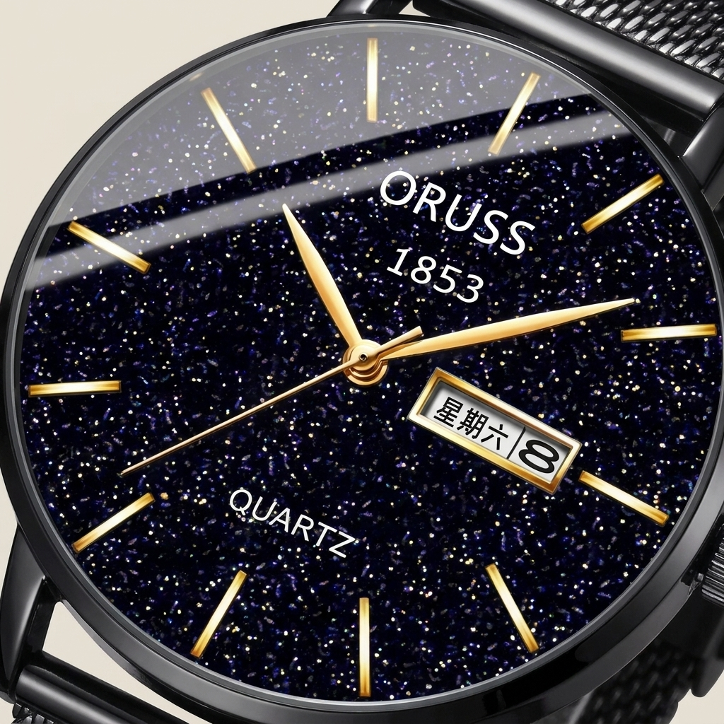 Macro close-up of blue starry sky dial with applied hour markers, hands, and dual calendar window on stainless steel men's wrist watch