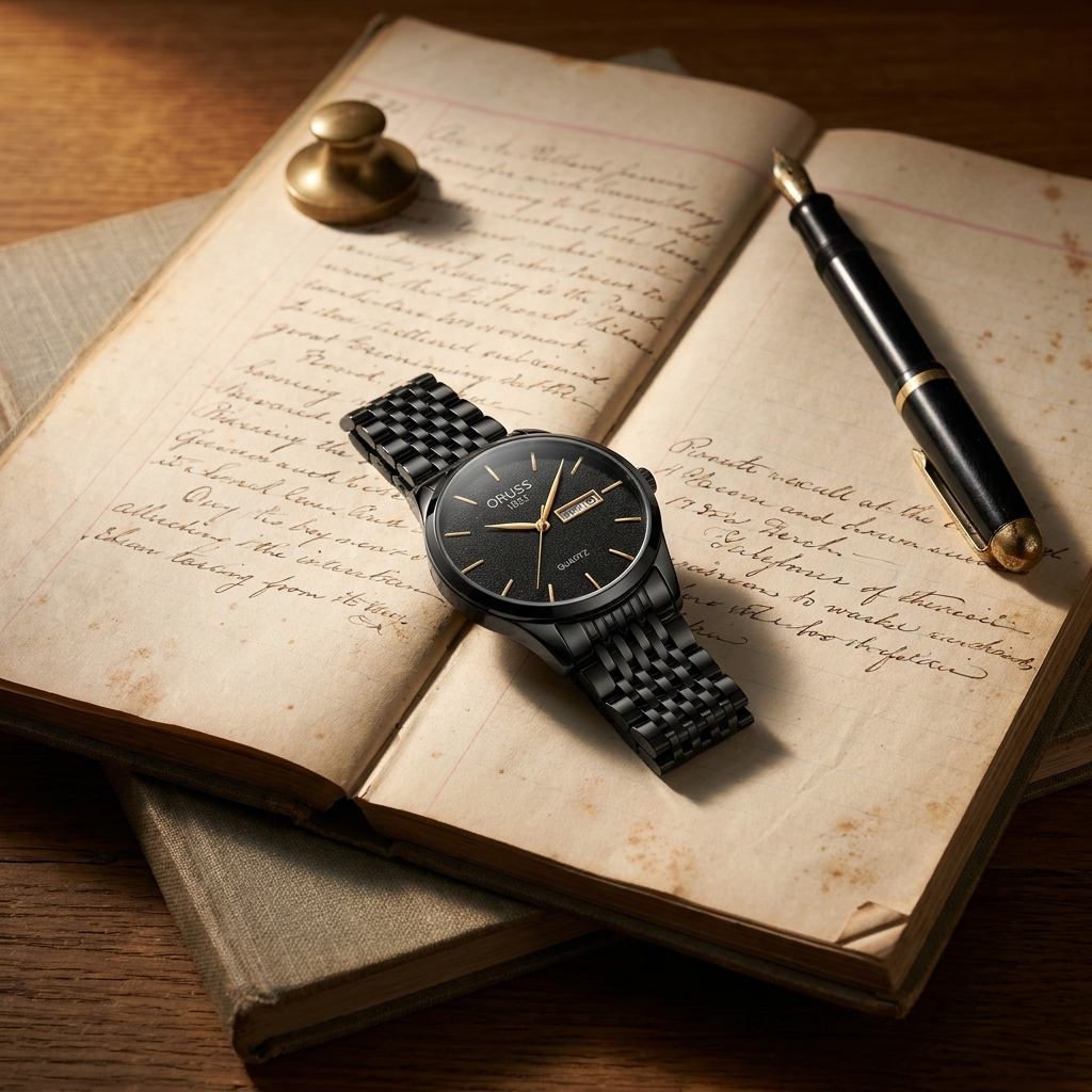 Blue starry sky dial stainless steel mesh band men's wrist watch lifestyle top-down view on honed travertine tray with soft daylight